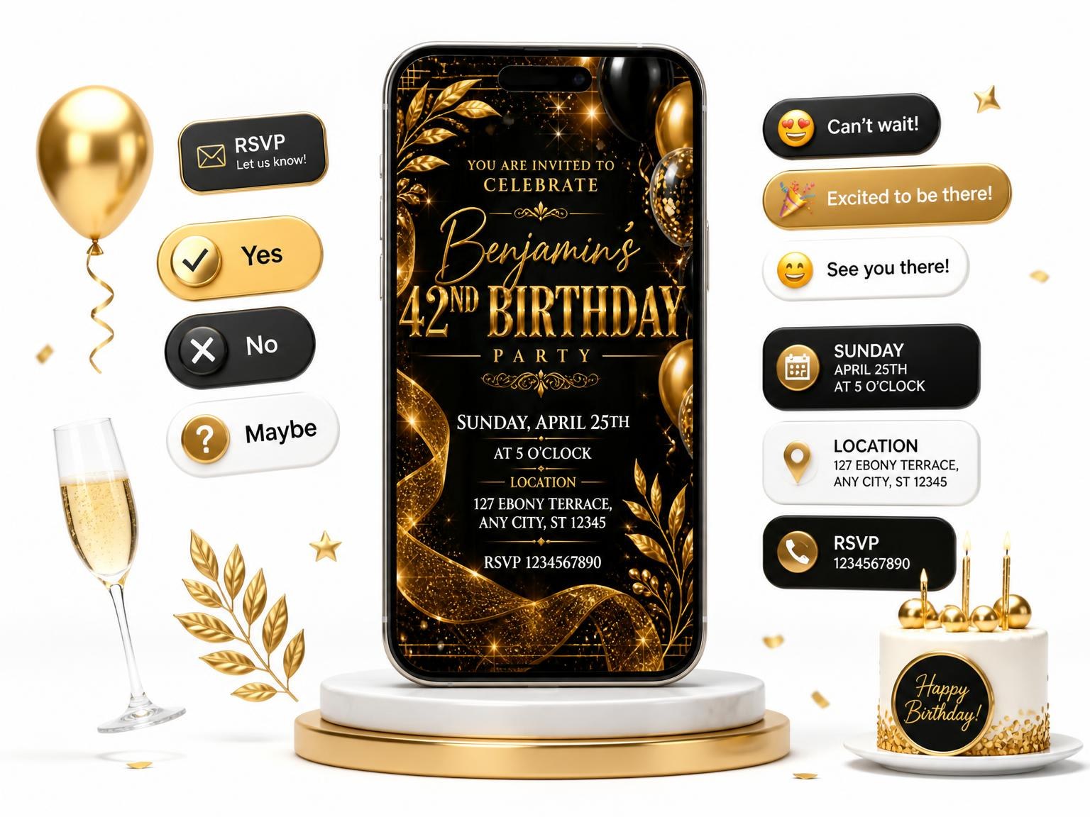 The Black and Gold 42nd Birthday Invitation invitation on a phone, with guest RSVPs arriving around it