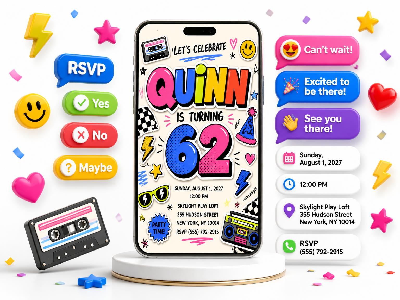 The Sticker Pop 62nd Birthday Invitation invitation on a phone, with guest RSVPs arriving around it