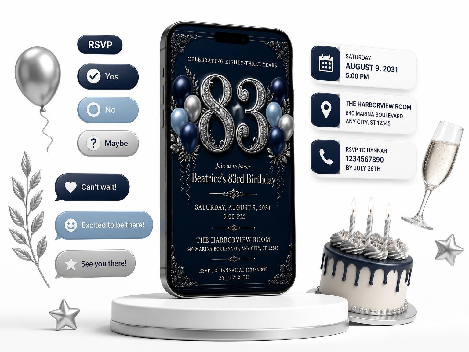The Navy and Silver 83rd Birthday Invitation invitation on a phone, with guest RSVPs arriving around it