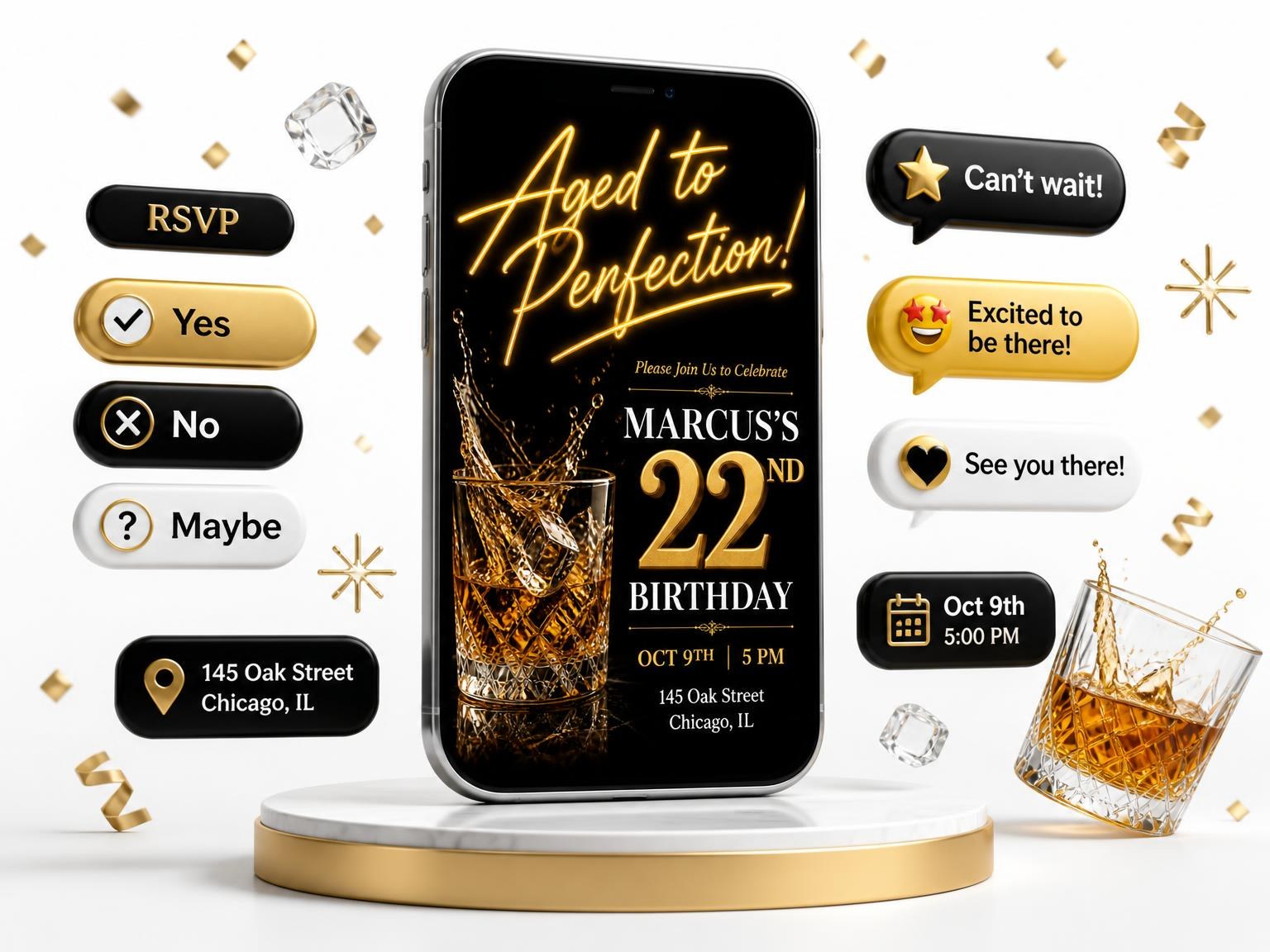 The Whiskey Aged 22nd Birthday Invitation invitation on a phone, with guest RSVPs arriving around it
