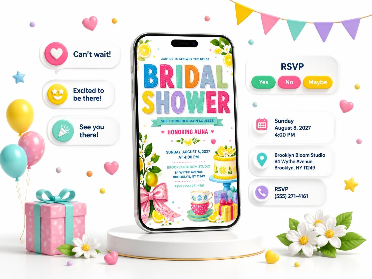 The Lemon Cake Bridal Shower Invitation invitation on a phone, with guest RSVPs arriving around it