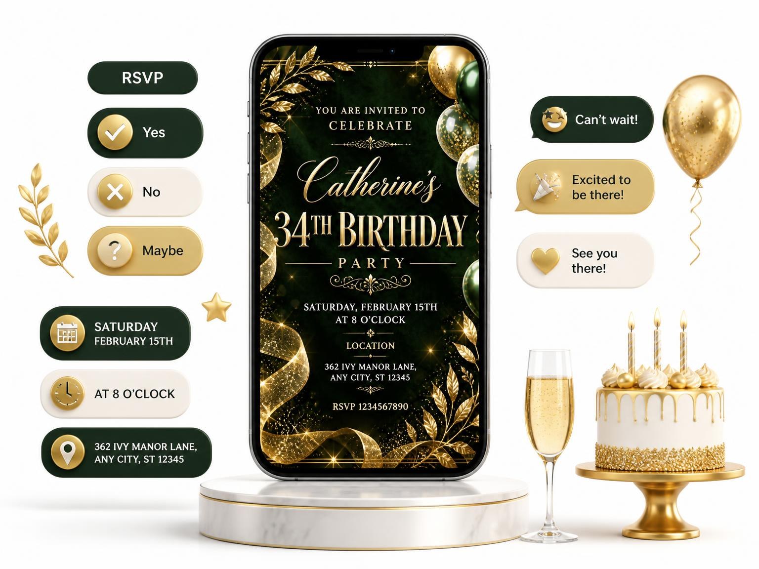 The Emerald and Champagne 34th Birthday Invitation invitation on a phone, with guest RSVPs arriving around it