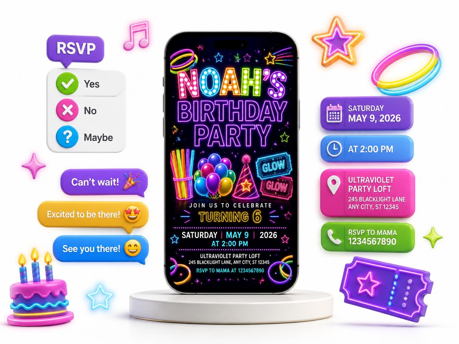 The Neon Glow Party 6th Birthday Invitation invitation on a phone, with guest RSVPs arriving around it