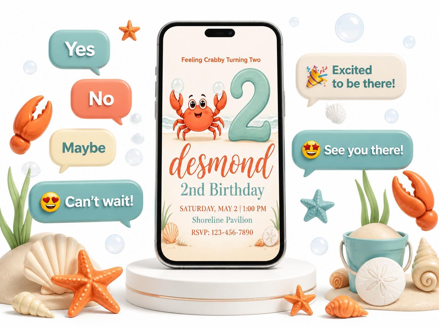 The Cartoon Crab Beach 2nd Birthday invitation on a phone, with guest RSVPs arriving around it