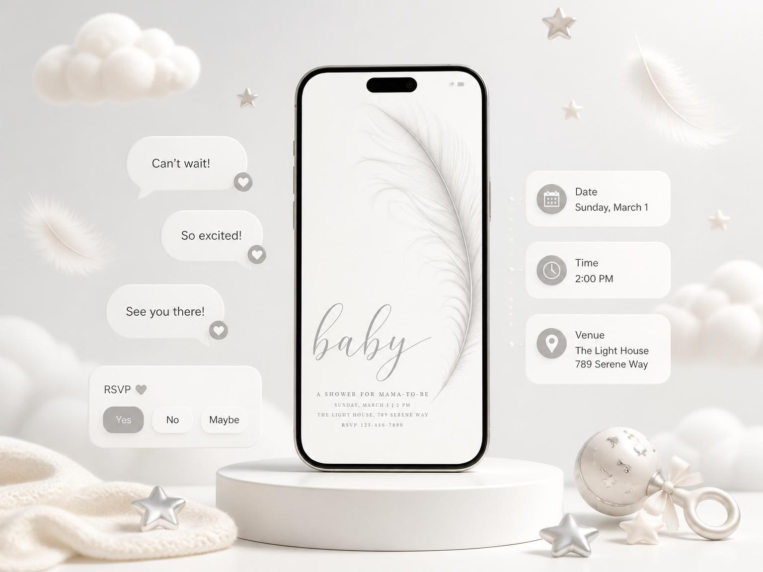 The Minimalist Grey Feather Baby Shower invitation on a phone, with guest RSVPs arriving around it