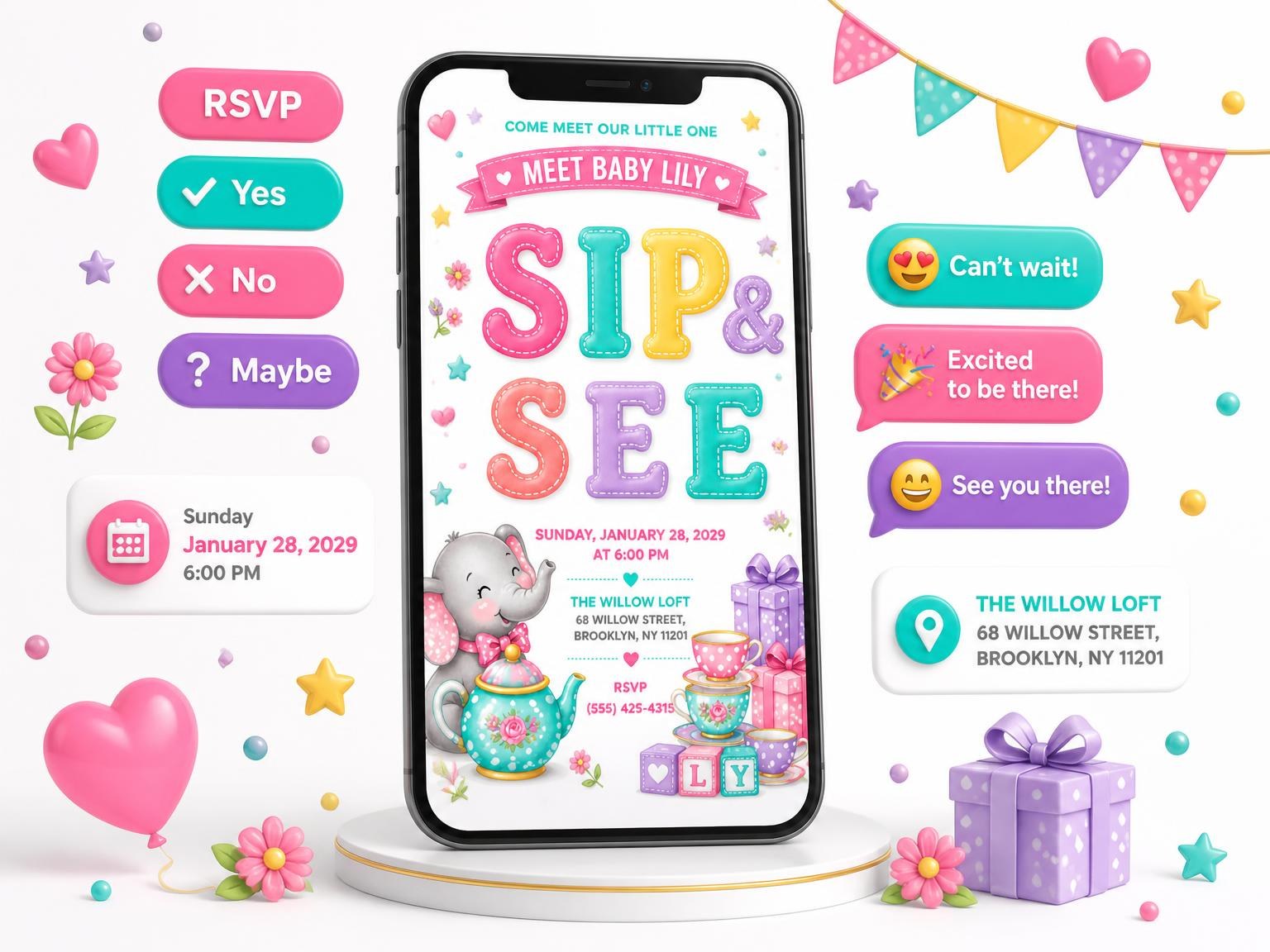 The Tea Party Sip and See Invitation invitation on a phone, with guest RSVPs arriving around it