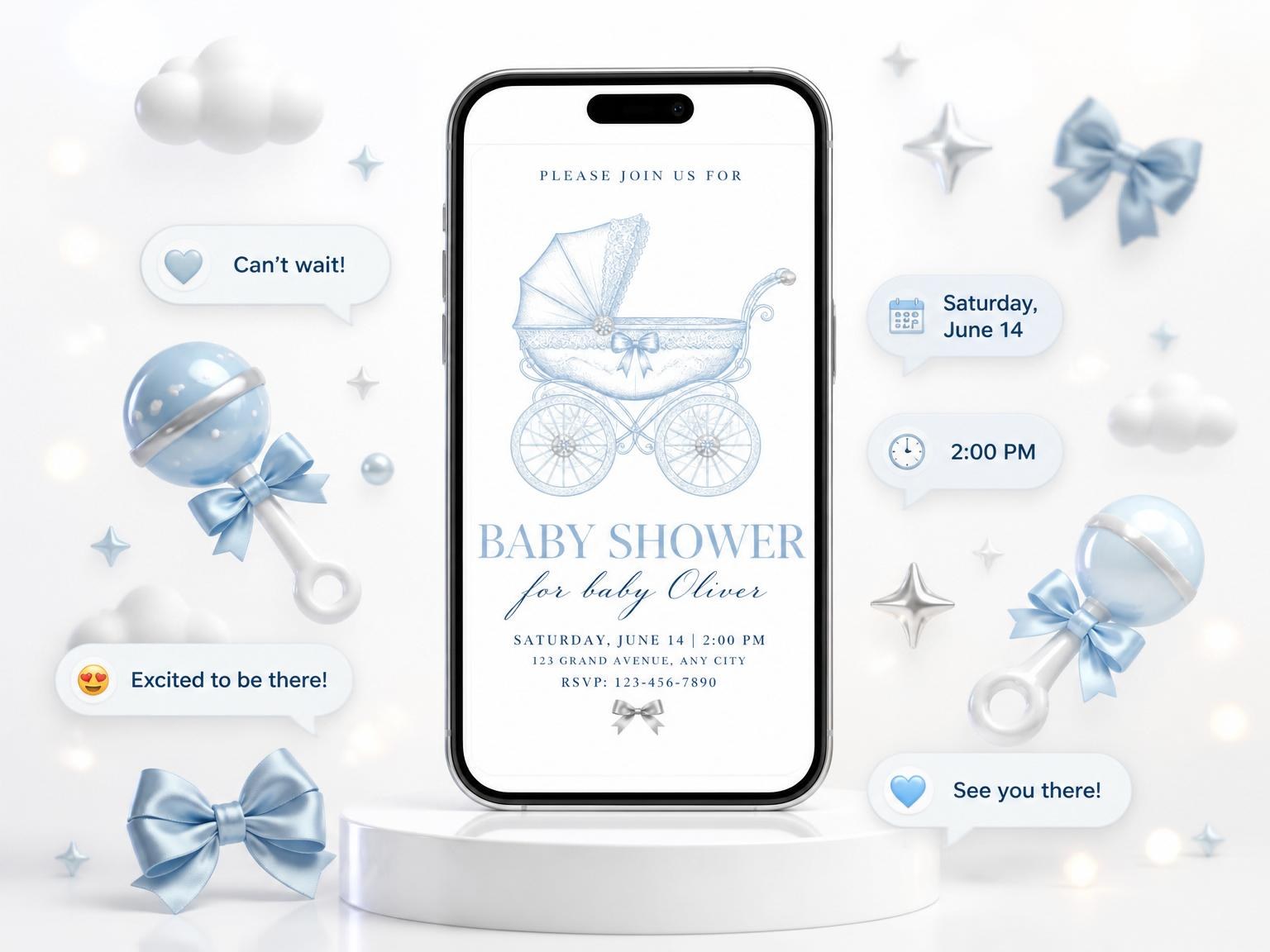 The Blue Vintage Carriage Baby Shower invitation on a phone, with guest RSVPs arriving around it