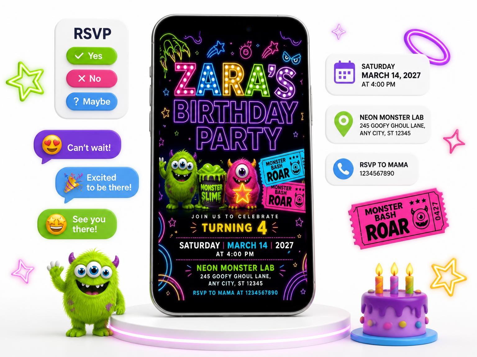 The Neon Monster 4th Birthday Invitation invitation on a phone, with guest RSVPs arriving around it