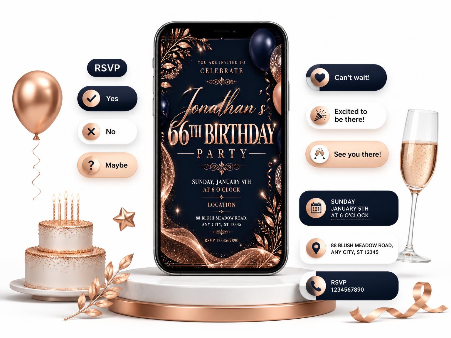 The Navy and Rose Gold 66th Birthday Invitation invitation on a phone, with guest RSVPs arriving around it
