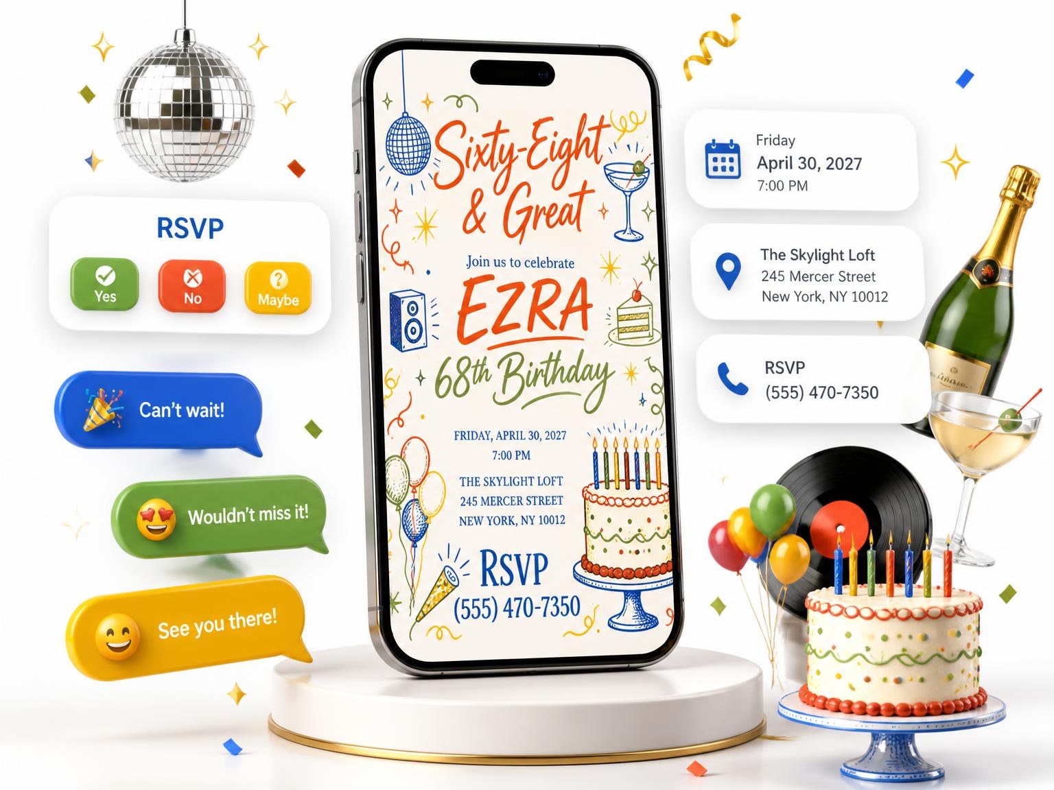 The Retro Doodle 68th Birthday Invitation invitation on a phone, with guest RSVPs arriving around it