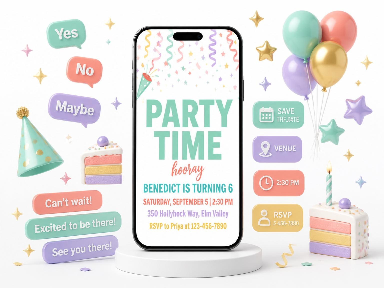 The Confetti Star Party Poppers 6th Birthday invitation on a phone, with guest RSVPs arriving around it