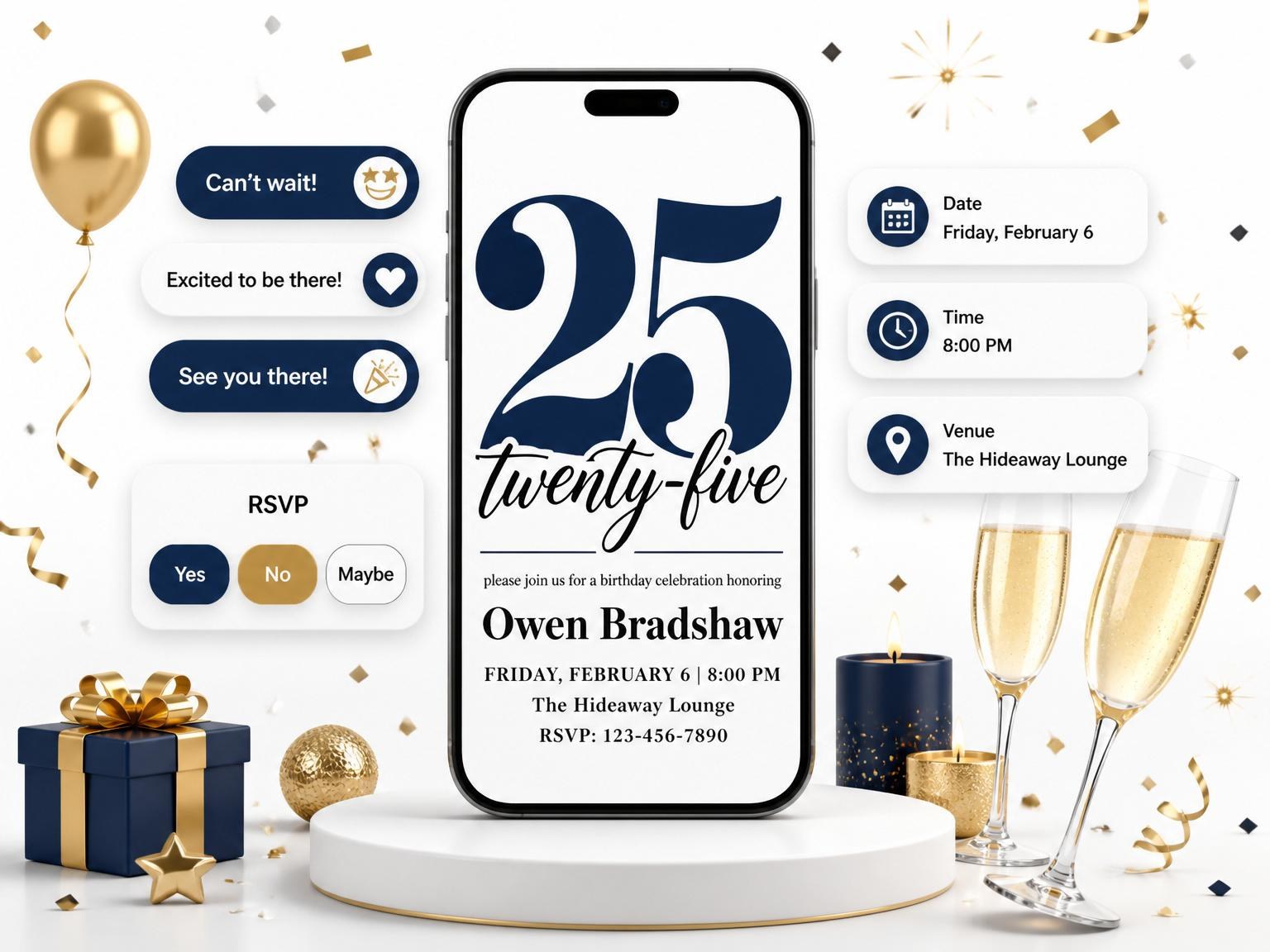 The Navy Bold Typography Milestone Birthday invitation on a phone, with guest RSVPs arriving around it