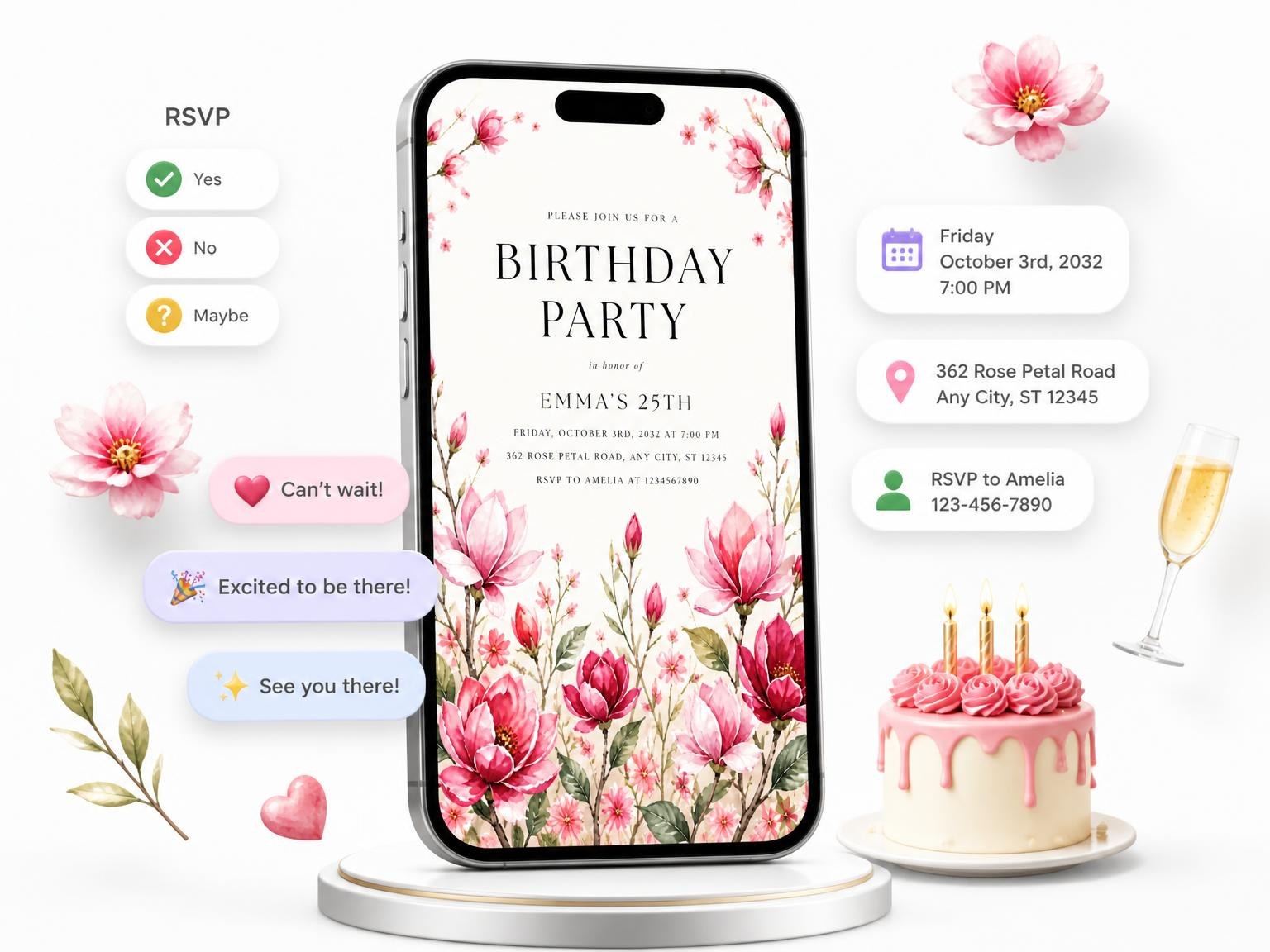 The Fuchsia Cherry Blossoms 25th Birthday Invitation invitation on a phone, with guest RSVPs arriving around it