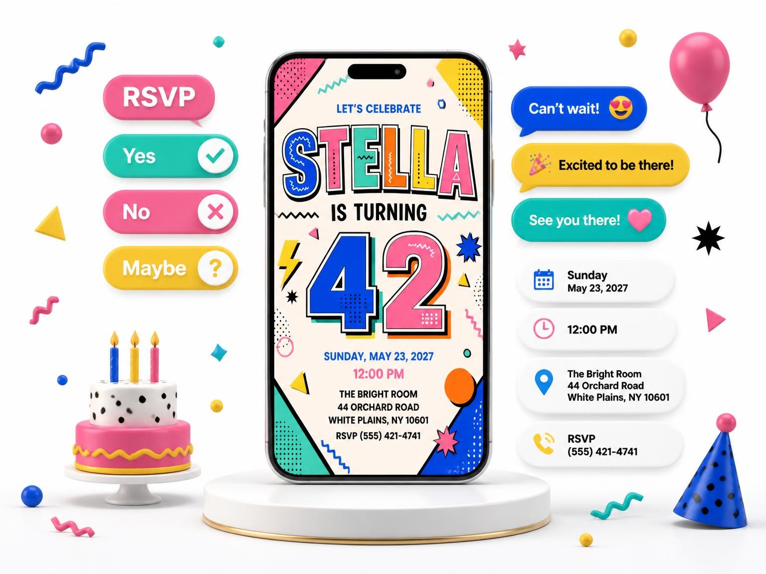 The Memphis Pop 42nd Birthday Invitation invitation on a phone, with guest RSVPs arriving around it