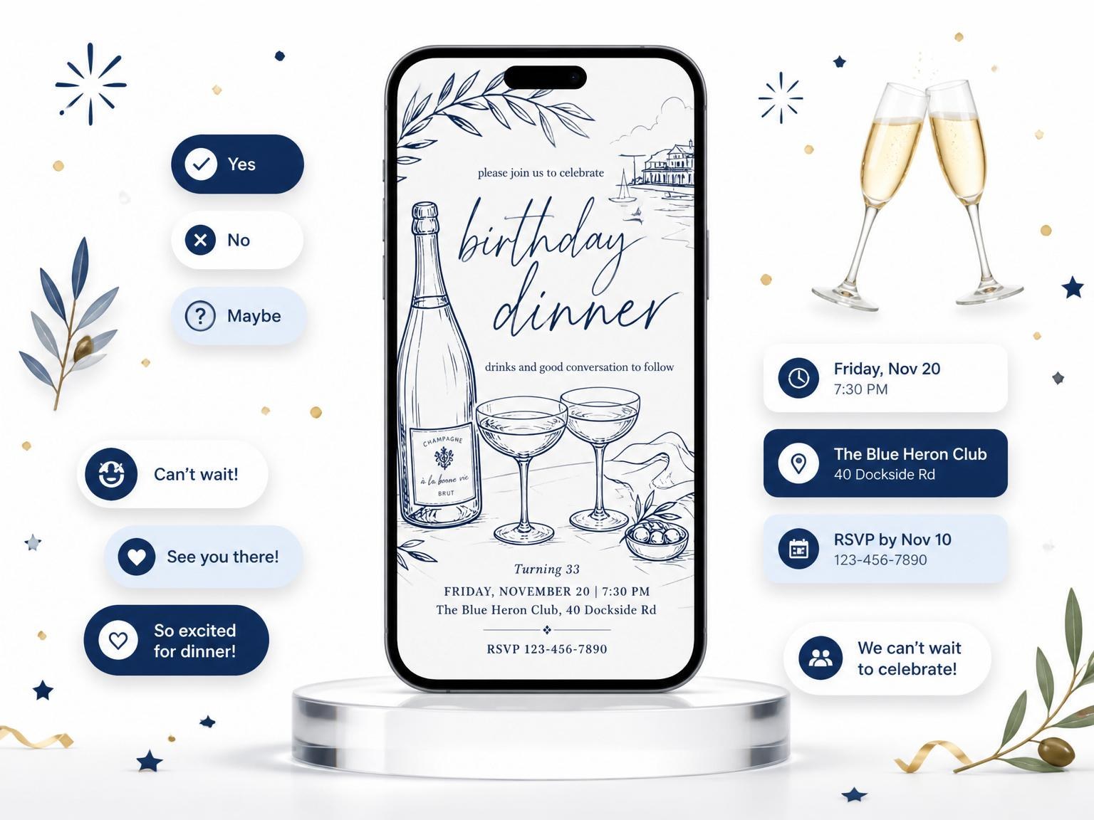 The Navy Ink Champagne 33rd Birthday Dinner invitation on a phone, with guest RSVPs arriving around it