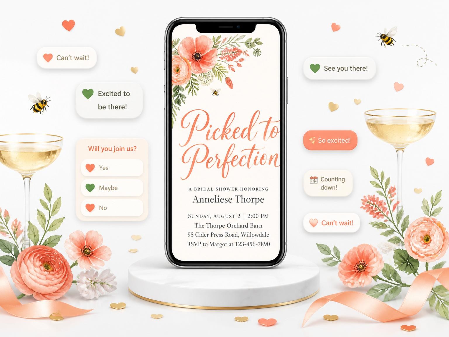The Watercolor Honeybee Floral Bridal Shower invitation on a phone, with guest RSVPs arriving around it