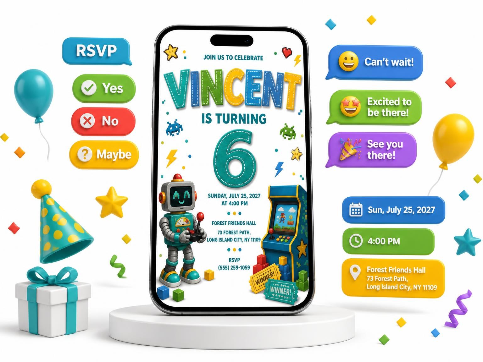 The Robot Stitched 6th Birthday Invitation invitation on a phone, with guest RSVPs arriving around it