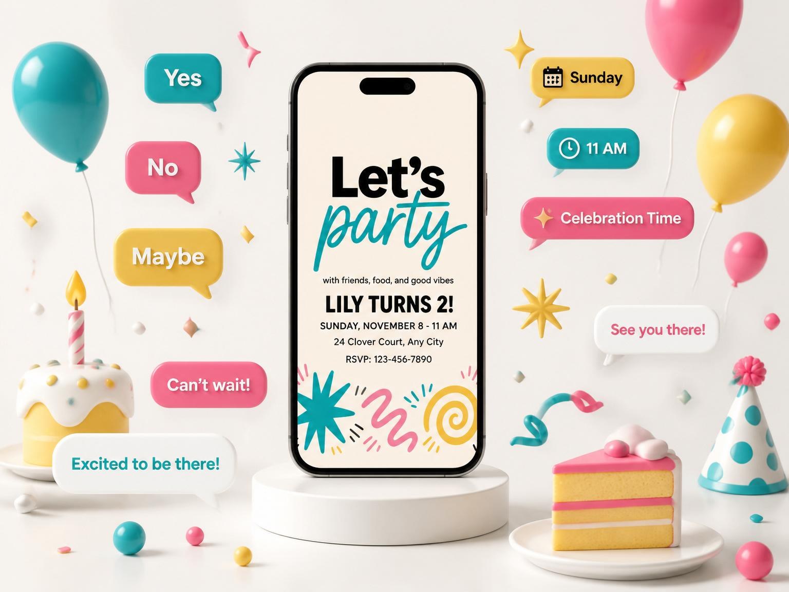 The Teal Pink Doodle 2nd Birthday Invitation invitation on a phone, with guest RSVPs arriving around it