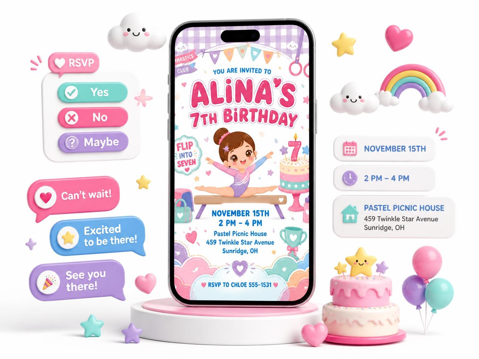 The Kawaii Gymnast 7th Birthday Invitation invitation on a phone, with guest RSVPs arriving around it