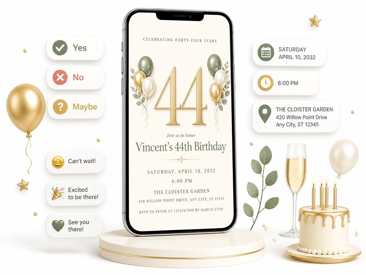 The Sage and Ivory 44th Birthday Invitation invitation on a phone, with guest RSVPs arriving around it
