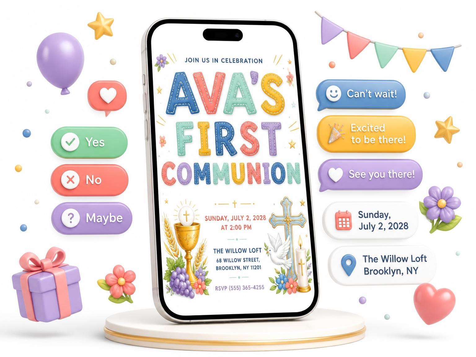 The Eucharist Chalice First Communion Invitation invitation on a phone, with guest RSVPs arriving around it