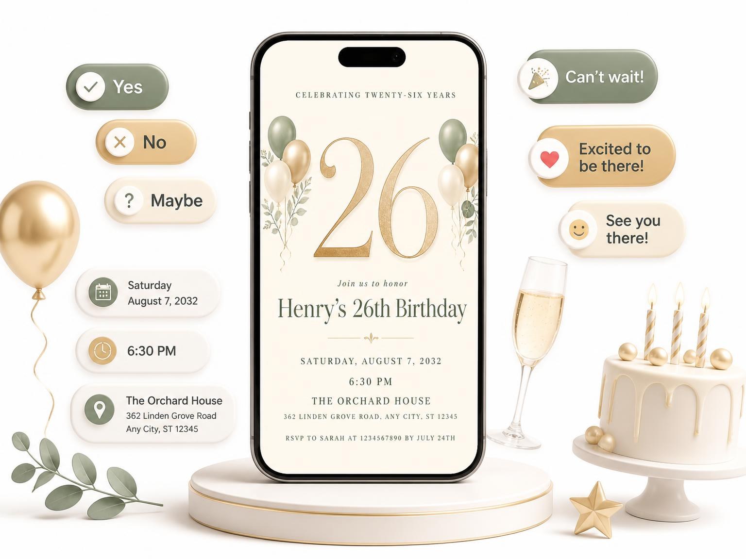 The Sage and Ivory 26th Birthday Invitation invitation on a phone, with guest RSVPs arriving around it