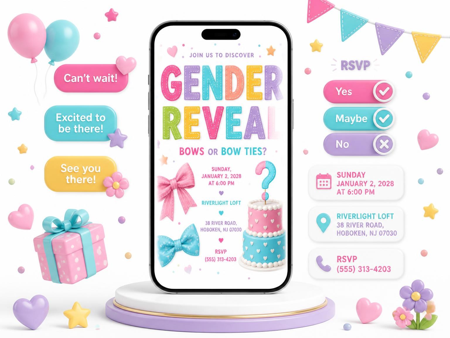 The Fabric Bow Gender Reveal Invitation invitation on a phone, with guest RSVPs arriving around it