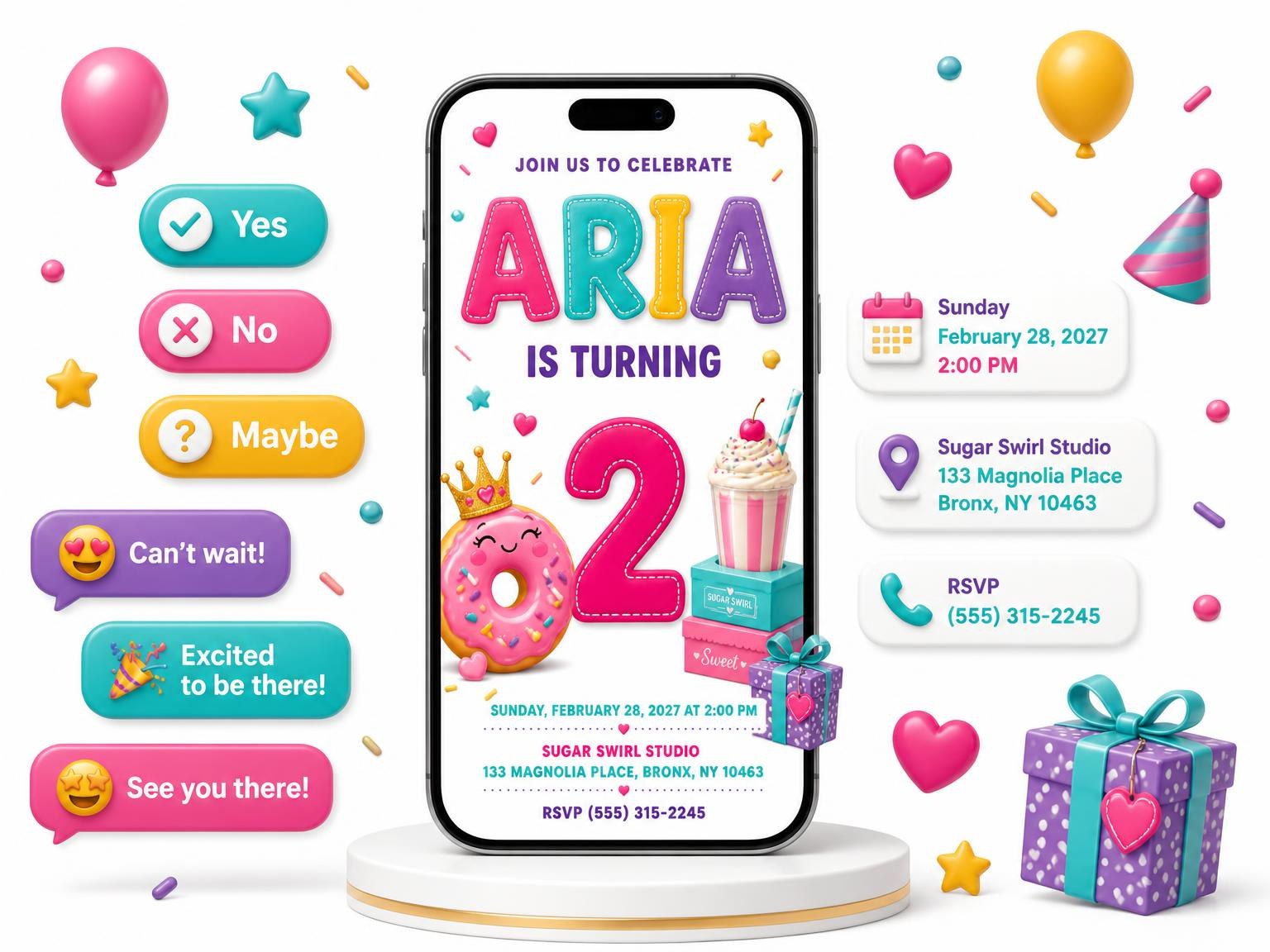 The Stitched Sweet Donut 2nd Birthday Invitation invitation on a phone, with guest RSVPs arriving around it