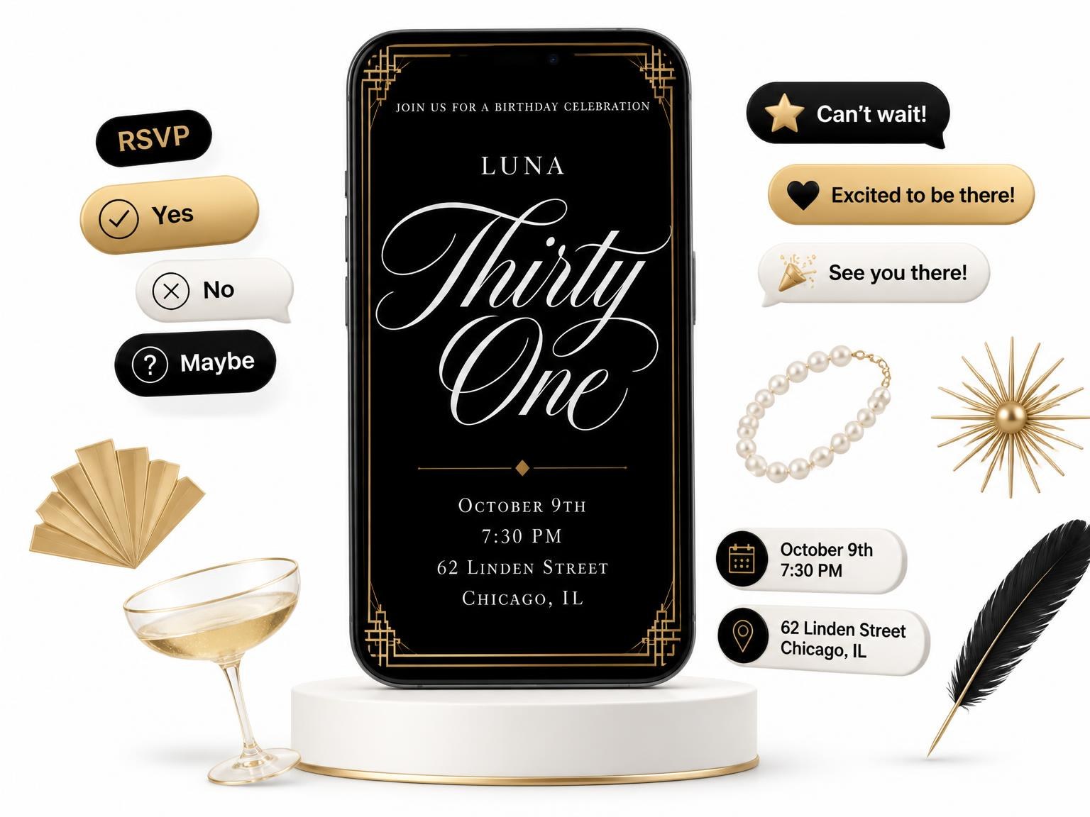 The Art Deco 31st Birthday Invitation invitation on a phone, with guest RSVPs arriving around it