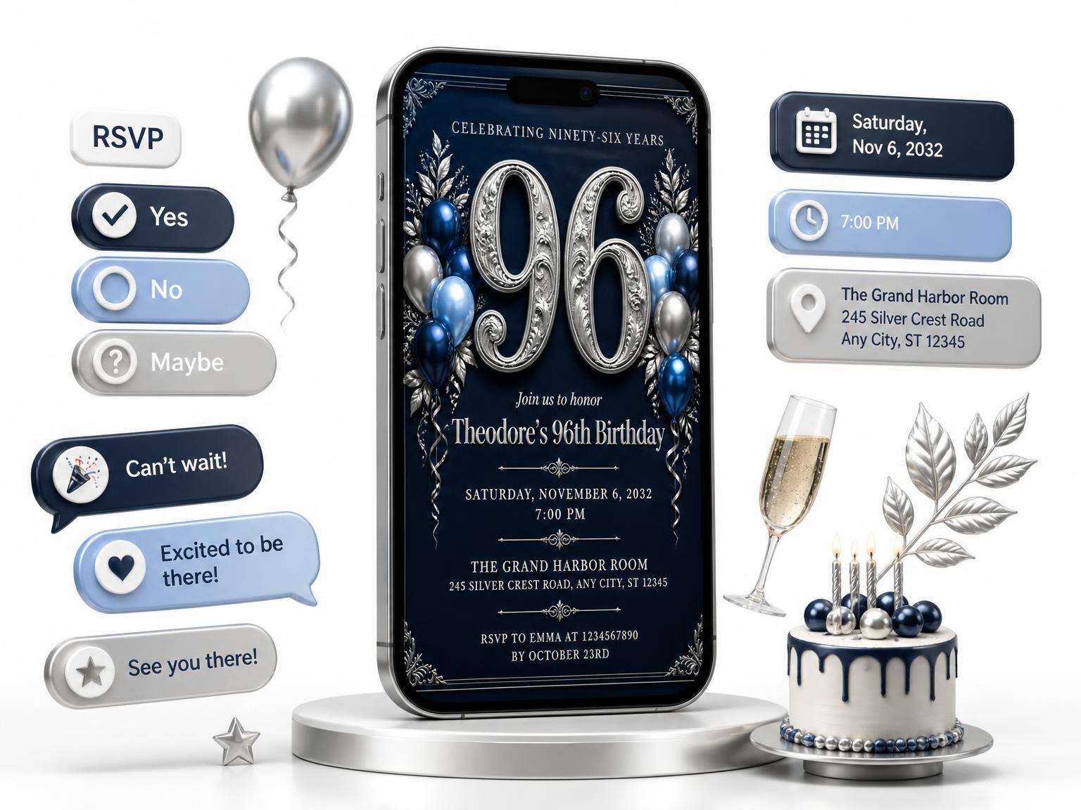 The Navy and Silver 96th Birthday Invitation invitation on a phone, with guest RSVPs arriving around it