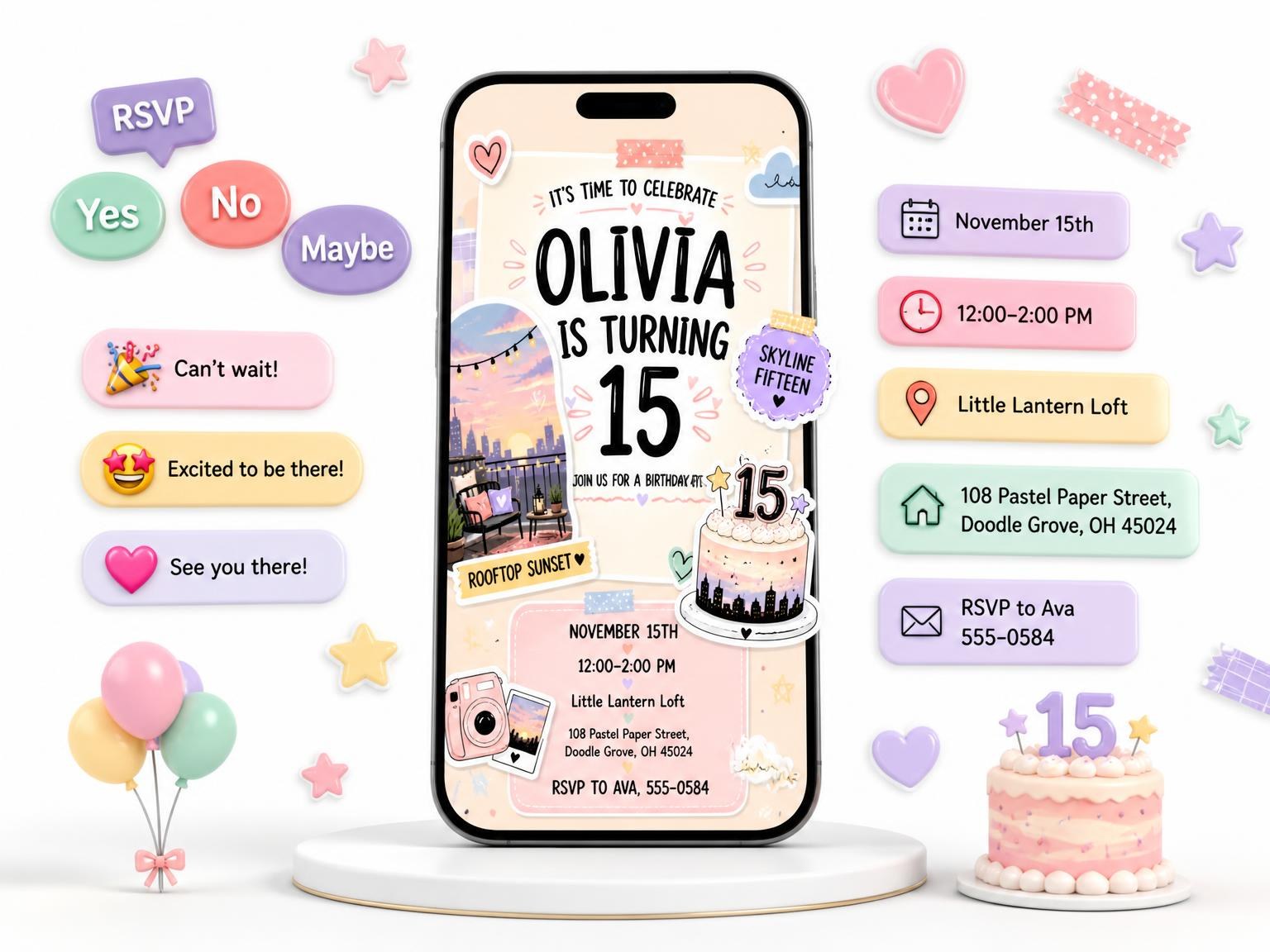 The Terrace Sunset Pastel 15th Birthday Invitation invitation on a phone, with guest RSVPs arriving around it