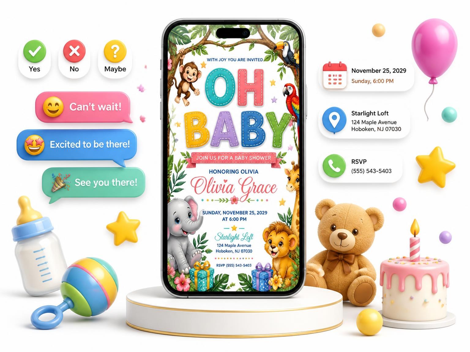 The Tree Branch Baby Shower Invitation invitation on a phone, with guest RSVPs arriving around it
