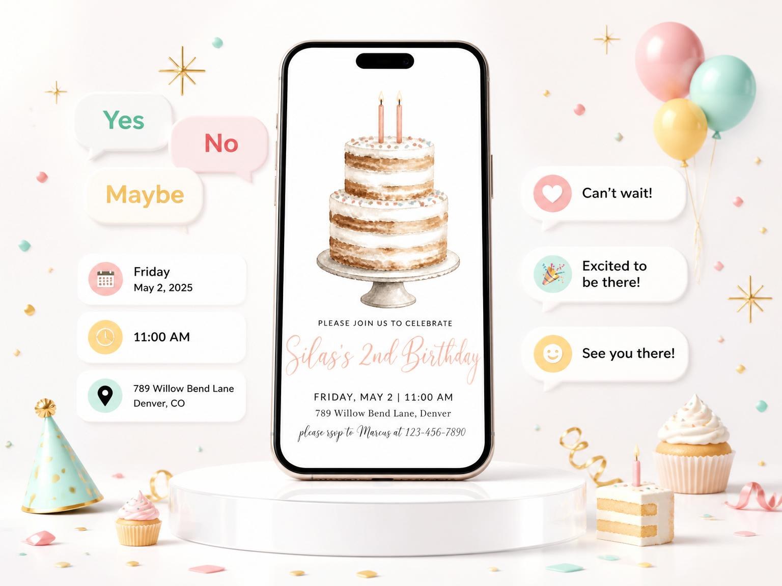 The Watercolor Tiered Cake 2nd Birthday Invite invitation on a phone, with guest RSVPs arriving around it