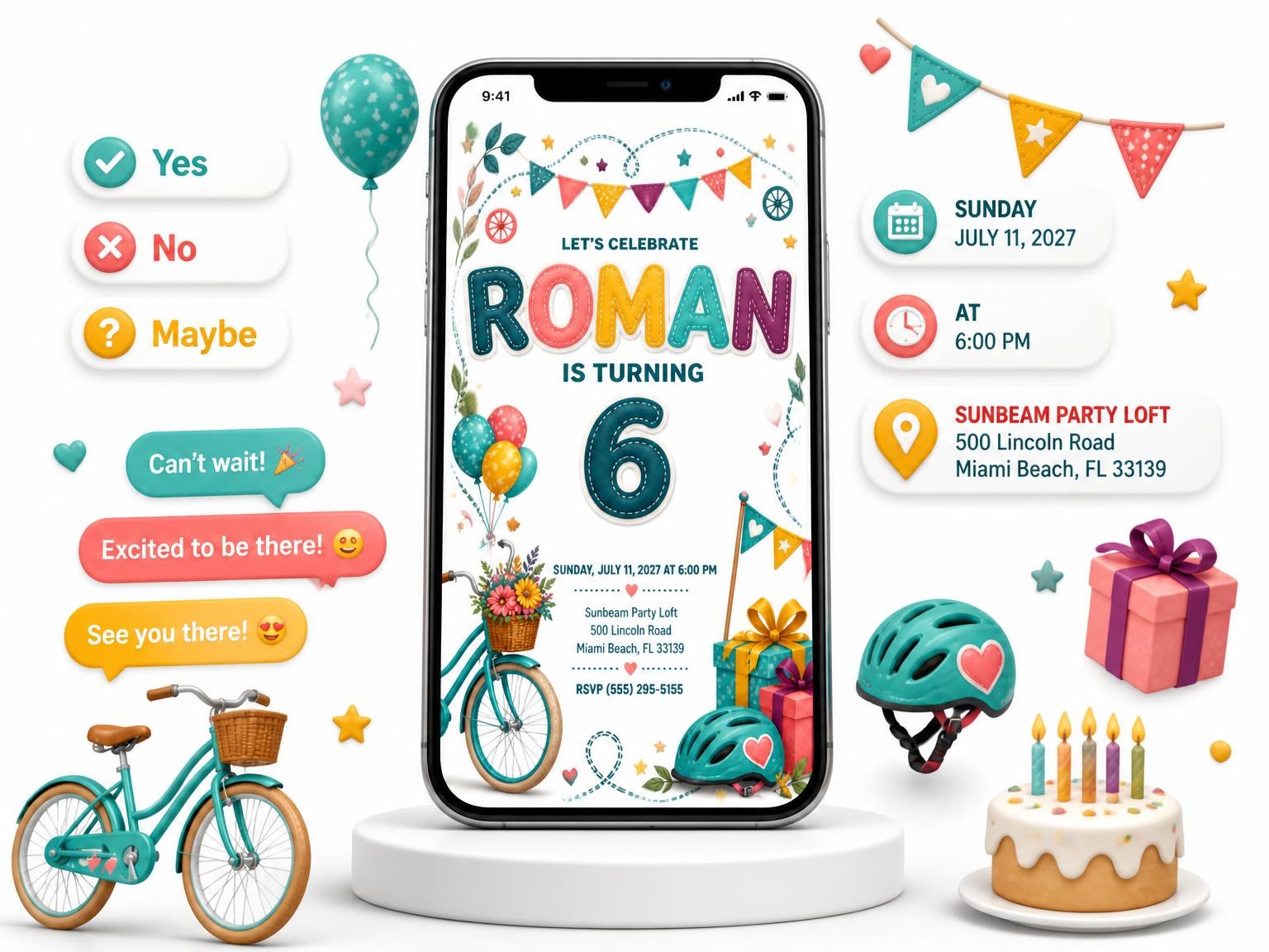 The Stitched Bike Ride 6th Birthday Invitation invitation on a phone, with guest RSVPs arriving around it