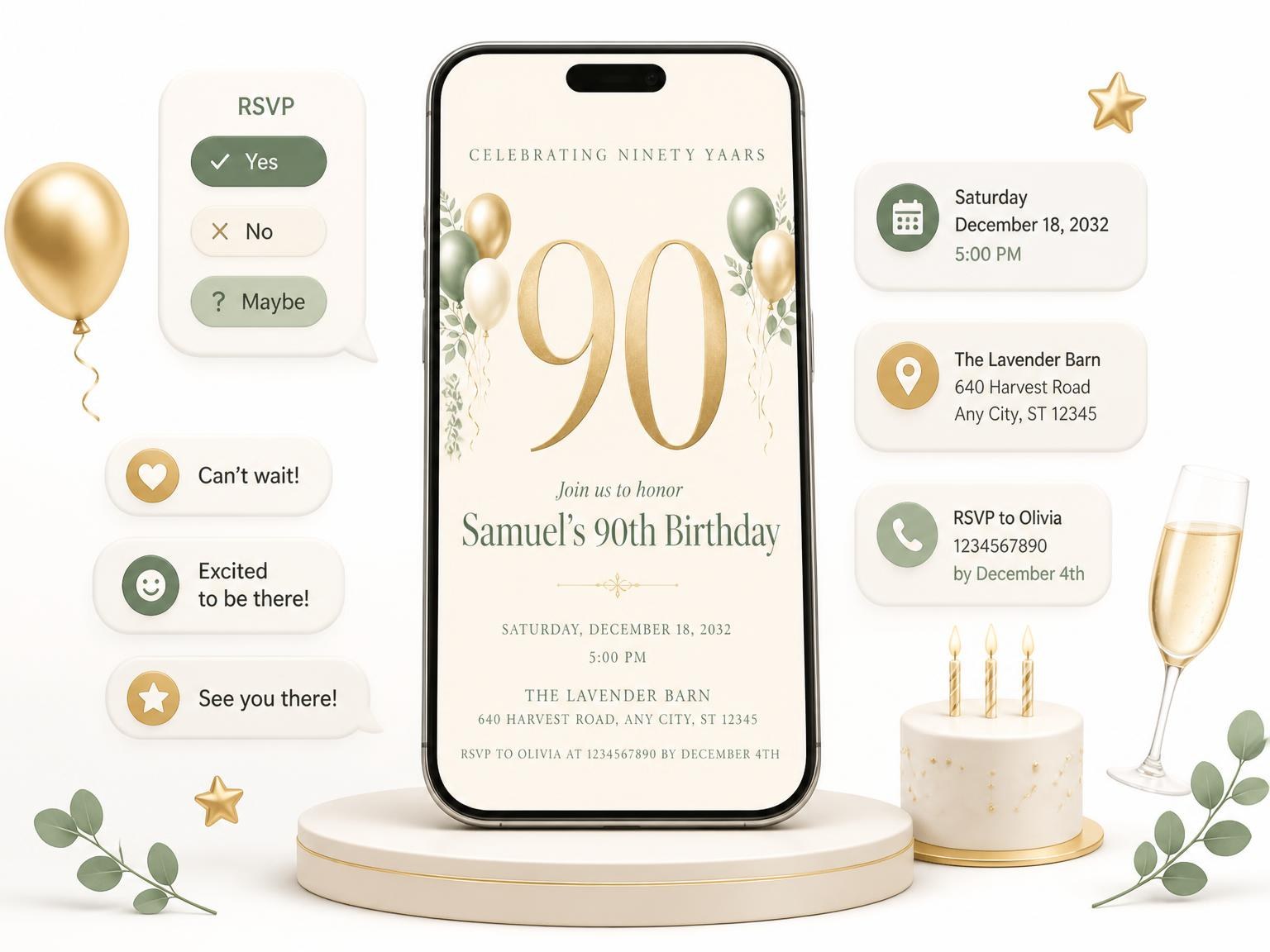 The Sage and Ivory 90th Birthday Invitation invitation on a phone, with guest RSVPs arriving around it