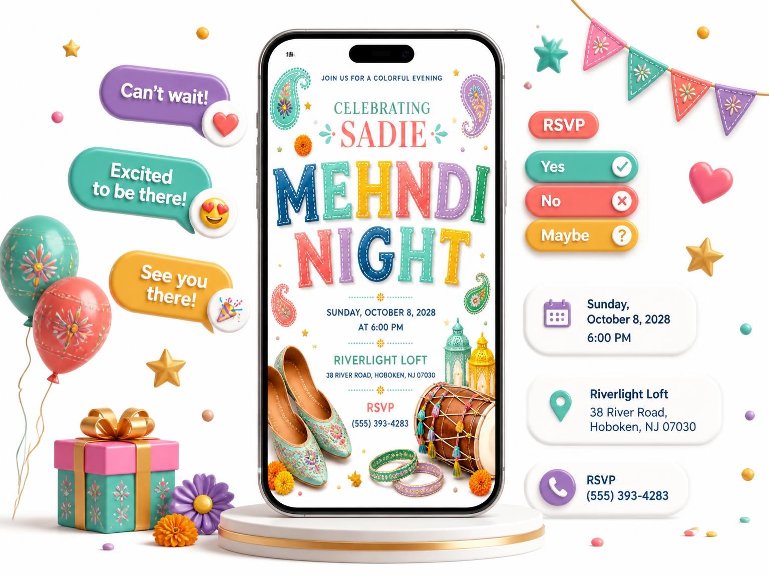The Embroidered Indian Mehndi Night Invitation invitation on a phone, with guest RSVPs arriving around it