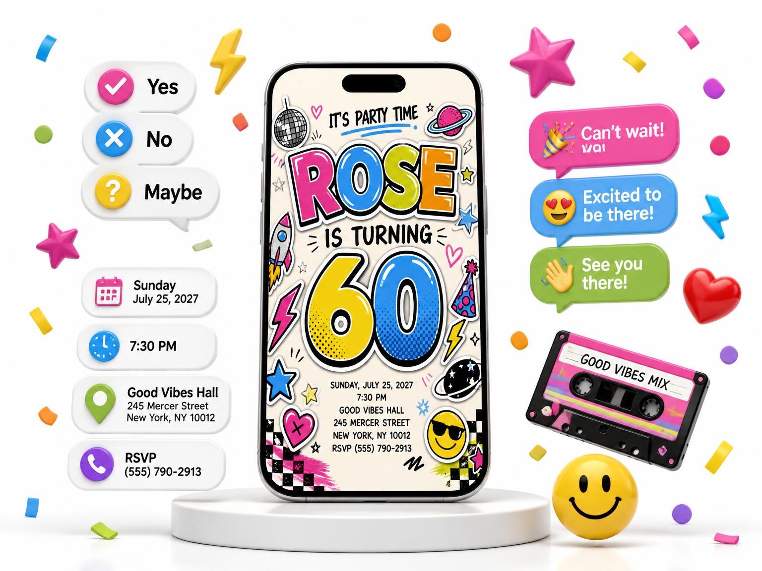The Sticker Pop 60th Birthday Invitation invitation on a phone, with guest RSVPs arriving around it