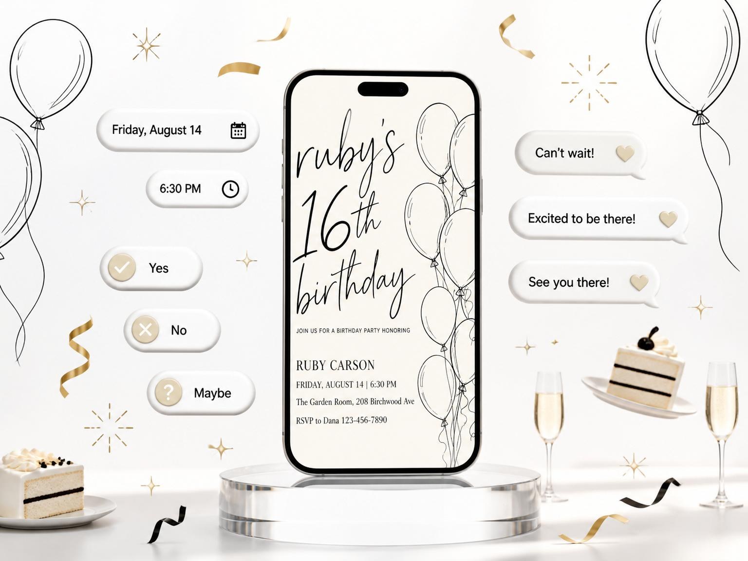 The Cream and Black Line-Art 16th Birthday invitation on a phone, with guest RSVPs arriving around it