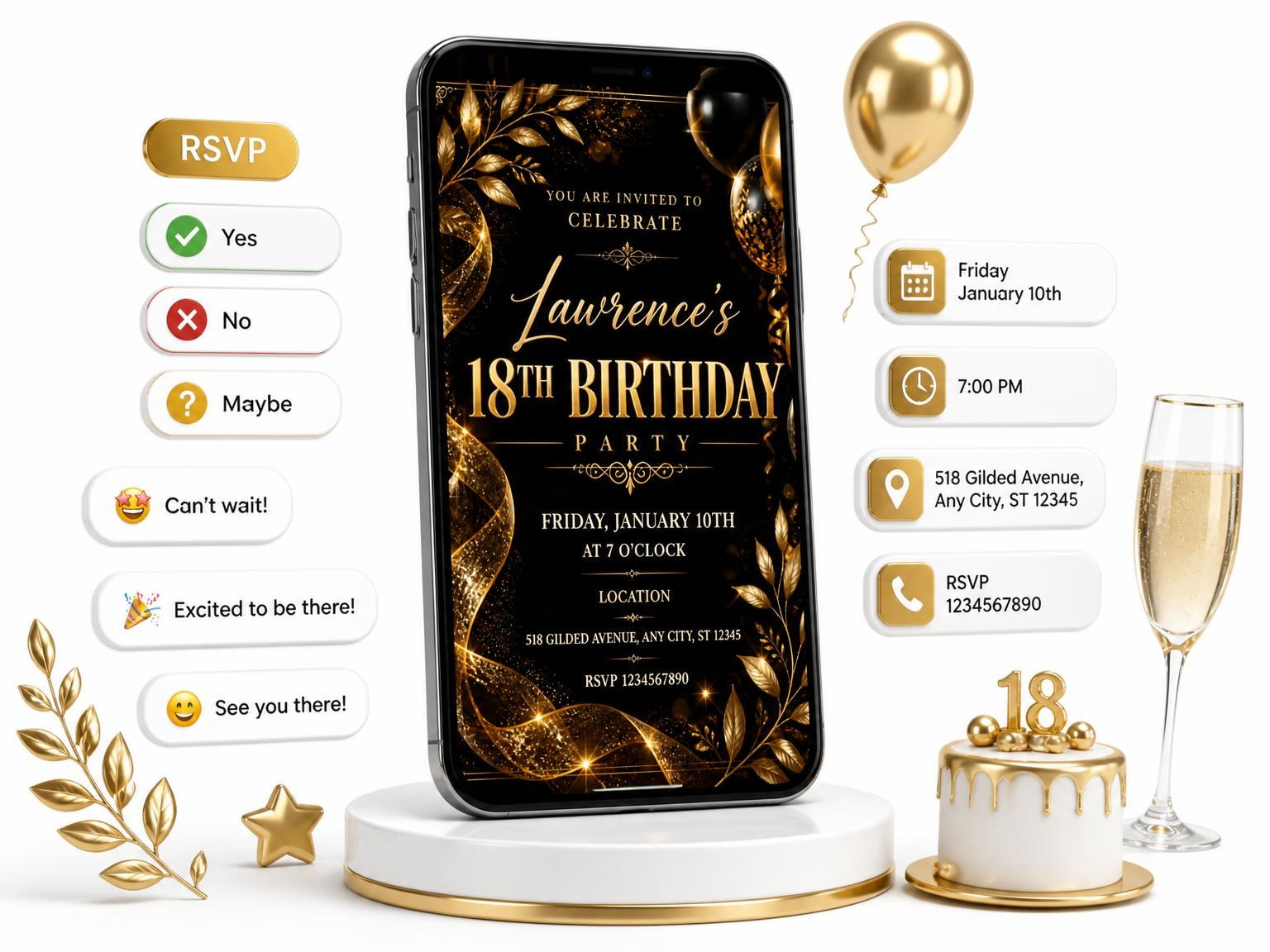 The Black and Gold 18th Birthday Invitation invitation on a phone, with guest RSVPs arriving around it