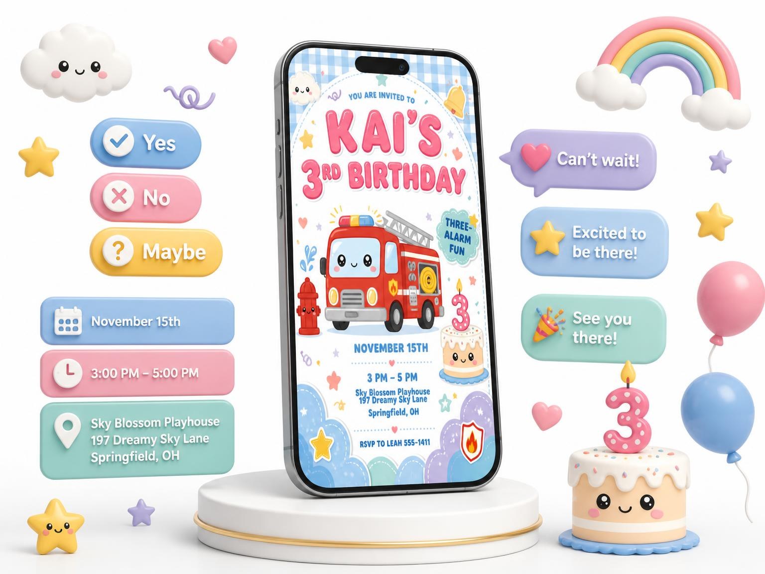 The Fire Hydrant Kawaii 3rd Birthday Invitation invitation on a phone, with guest RSVPs arriving around it