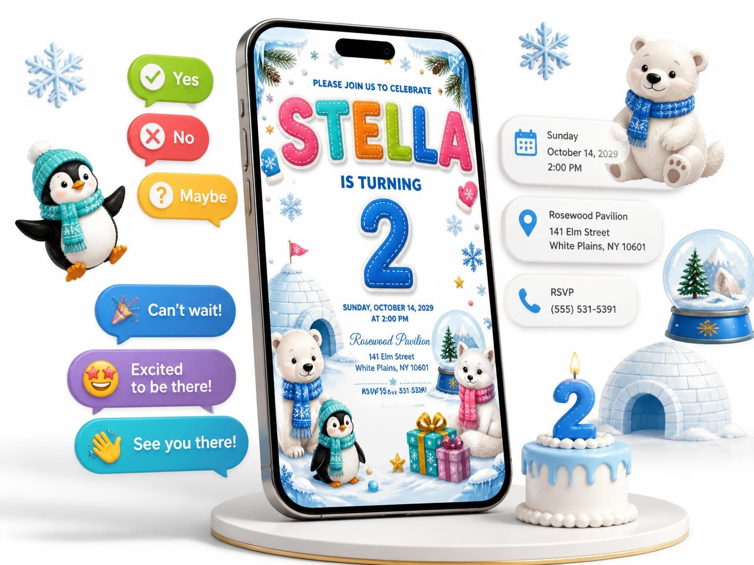 The Stitched Winter Polar 2nd Birthday Invitation invitation on a phone, with guest RSVPs arriving around it