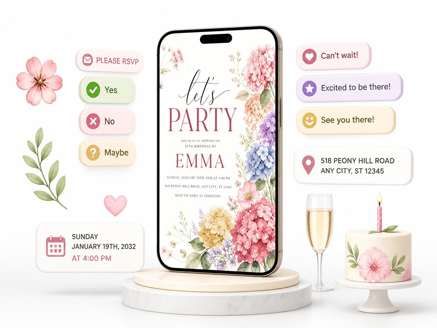 The Pastel Garden Flowers 25th Birthday Invitation invitation on a phone, with guest RSVPs arriving around it