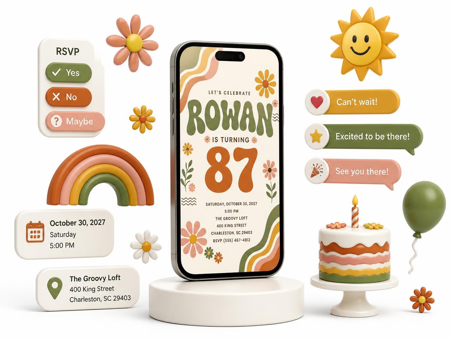 The Groovy Retro 87th Birthday Invitation invitation on a phone, with guest RSVPs arriving around it