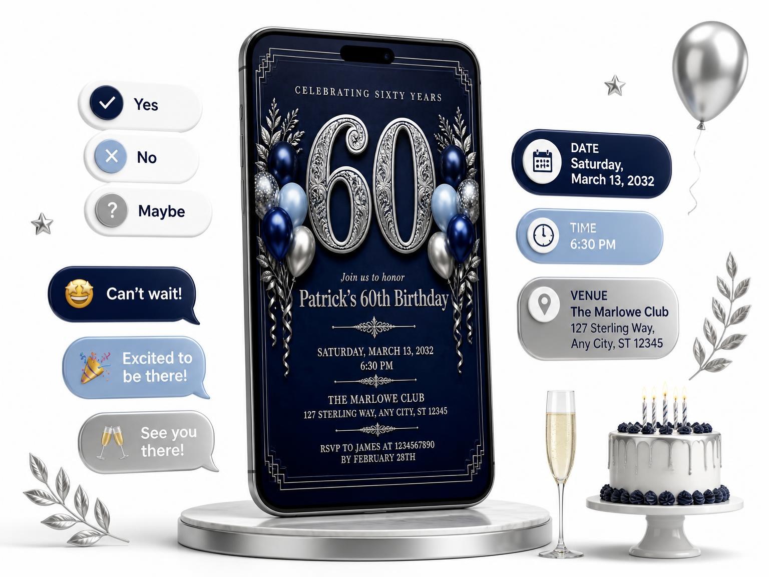 The Navy and Silver 60th Birthday Invitation invitation on a phone, with guest RSVPs arriving around it