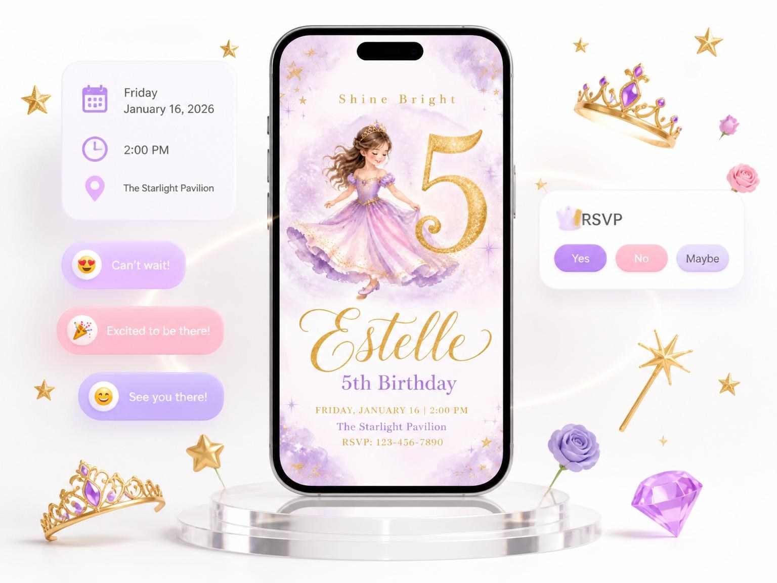 The Lavender Watercolor Princess 5th Birthday invitation on a phone, with guest RSVPs arriving around it