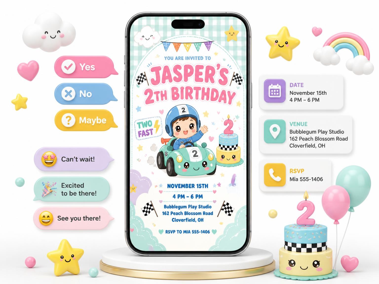The Pastel Race Car 2nd Birthday Invitation invitation on a phone, with guest RSVPs arriving around it