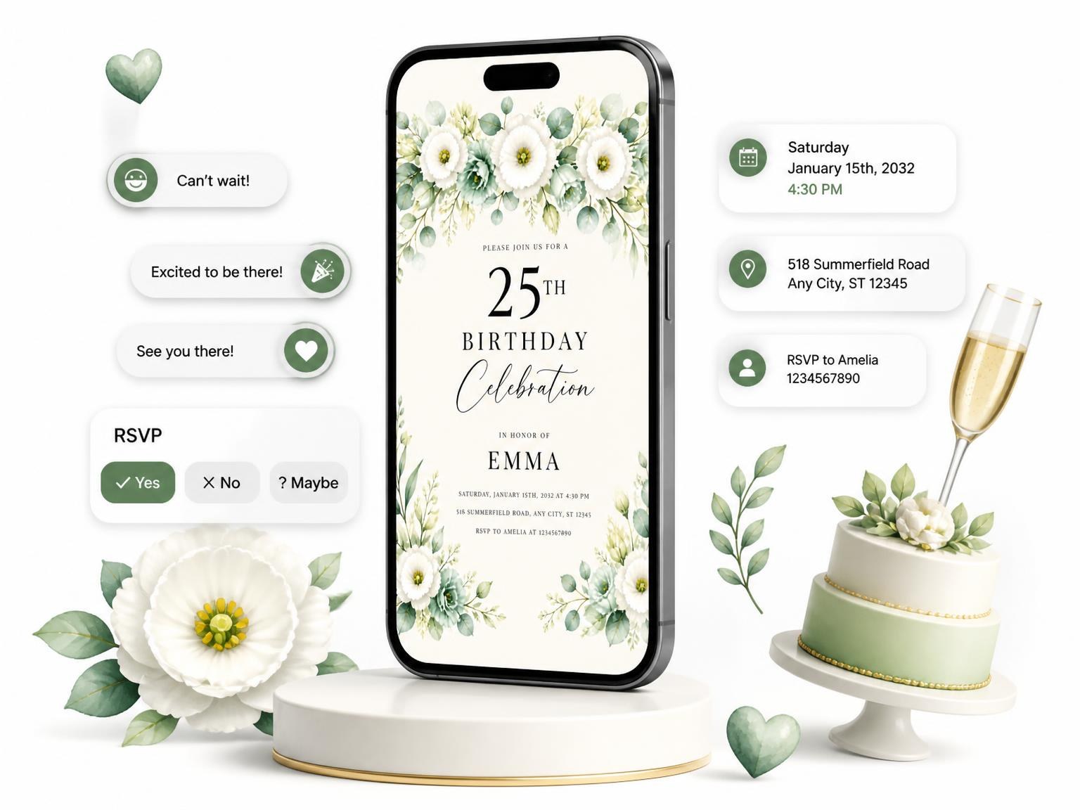 The Floral Garland Mint 25th Birthday Invitation invitation on a phone, with guest RSVPs arriving around it