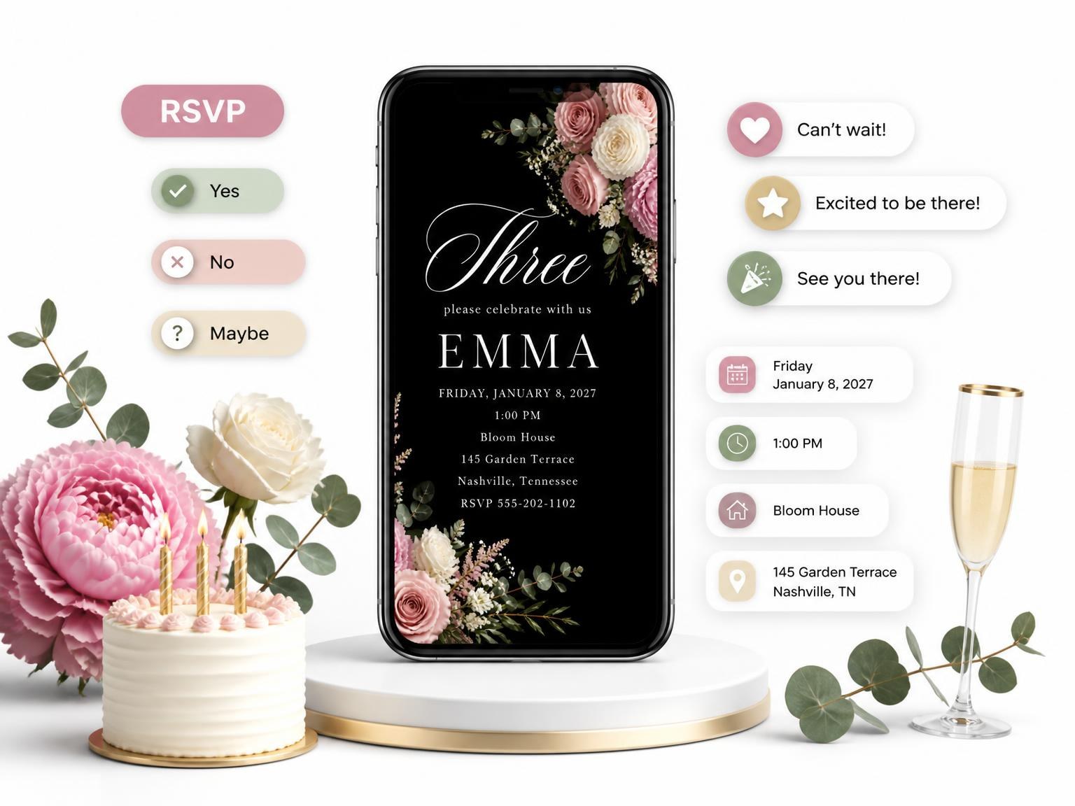 The Black Floral 3rd Birthday Invitation invitation on a phone, with guest RSVPs arriving around it