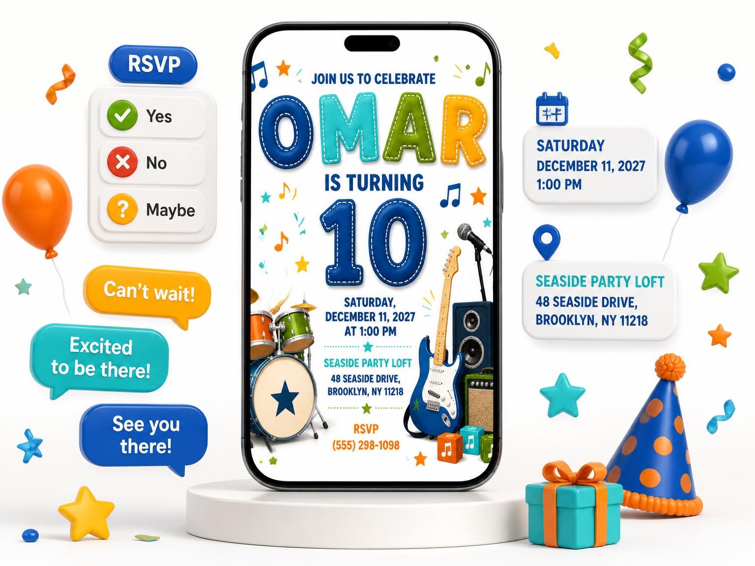 The Guitar Amplifier 10th Birthday Invitation invitation on a phone, with guest RSVPs arriving around it