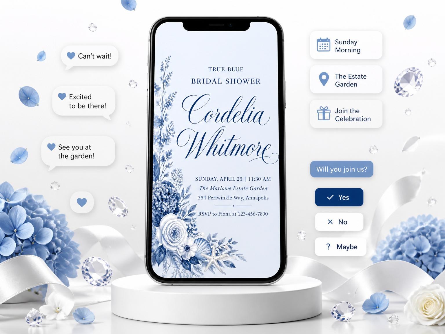 The Indigo Watercolor Coastal Bridal Shower invitation on a phone, with guest RSVPs arriving around it